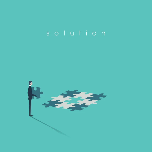 Business solution concept vector illustration with businessman building jigsaw puzzle. — Stock Vector