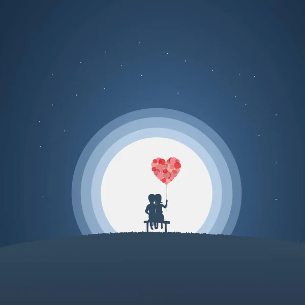 Modello di illustrazione vettoriale di carte di San Valentino con coppia carina seduta su una panchina di notte al chiaro di luna. Luna splendente, due adorabili bambini dei cartoni animati che si stringono in amore . — Vettoriale Stock