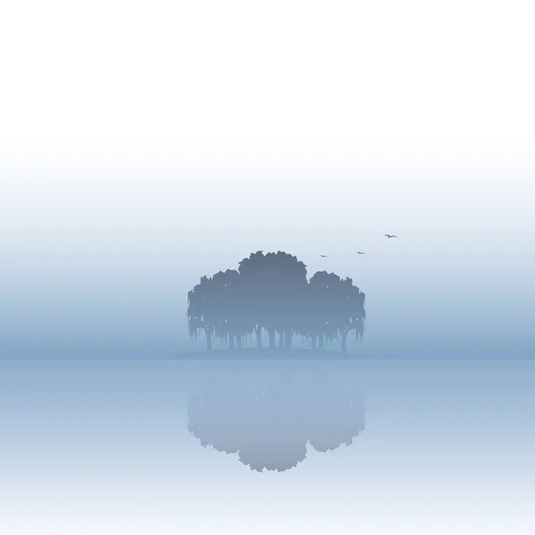 Векторная иллюстрация ландшафта острова с атмосферой тумана или тумана. Спокойный, спокойный, спокойный пейзаж природы . — стоковый вектор