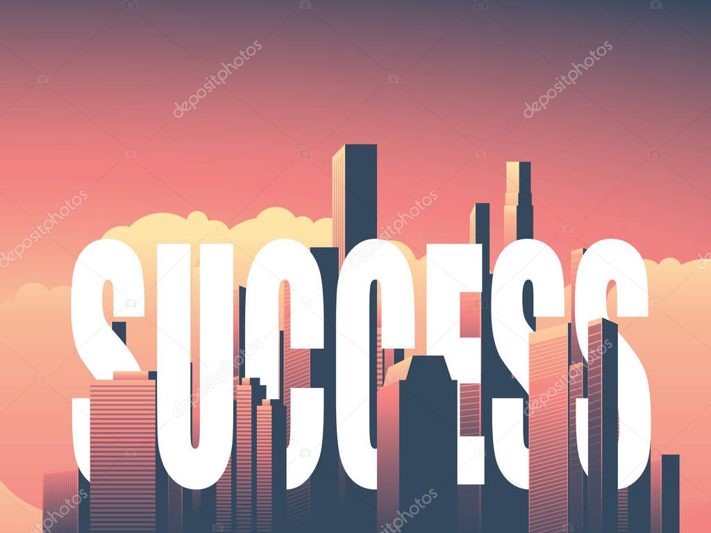 Business and corporate success symbol with urban cityscape, skyline in sunset. High rise skyscrapers and text between them.