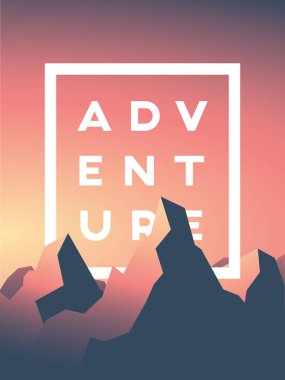 Dağ macera vektör çizim yüksek tepeler ile gündoğumu veya günbatımı. Doğa manzara kavramı seyahat, tırmanma, doğa sporları tanıtım için