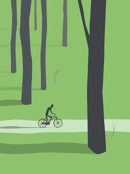 El hombre en bicicleta a través del vector forestal. Vida sana activa al aire libre para relajarse y recrearse . — Archivo Imágenes Vectoriales