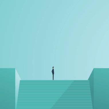 Merdiven üstünde tepe-in iş liderlik, kariyer başarı, ambition ve başarı bir sembolü olarak ayakta işadamı.