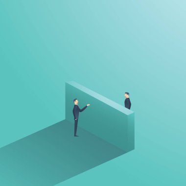 İş anlaşması vektör konsept illüstrasyon iki işadamı duvardan konuşmayı. Anlaşma, sözleşme yapma simgesi.