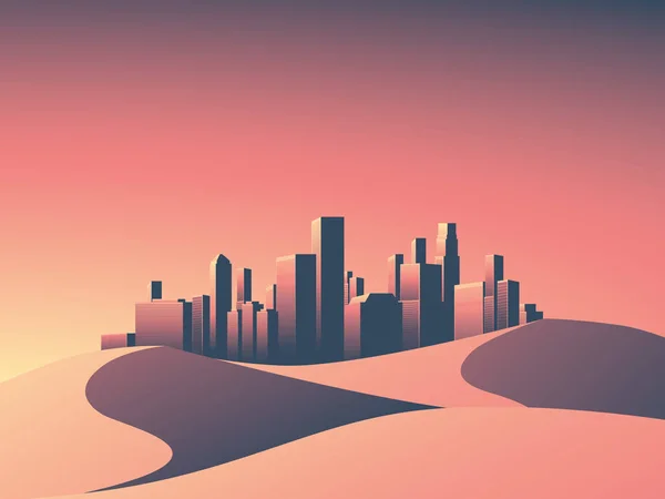 Paisaje urbano moderno con rascacielos skyline en colores atardecer. Paisaje del desierto con ambiente cálido . — Vector de stock