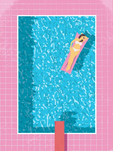 Сексуальная женщина в бикини на векторной иллюстрации бассейна. Современный винтажный стиль 80-х годов . — стоковый вектор