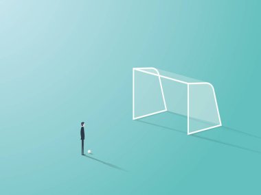 Futbol ya da futbol hedefi önünde duran işadamı ile topa vur ya da tekme için bekleyen boş net.