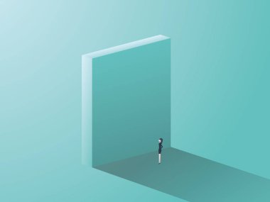 Kadınlar için kurumsal cinsiyet sorunları bir sembolü olarak yüksek duvarın önünde ayakta işkadını. İş zorluk ve engel kavramı.