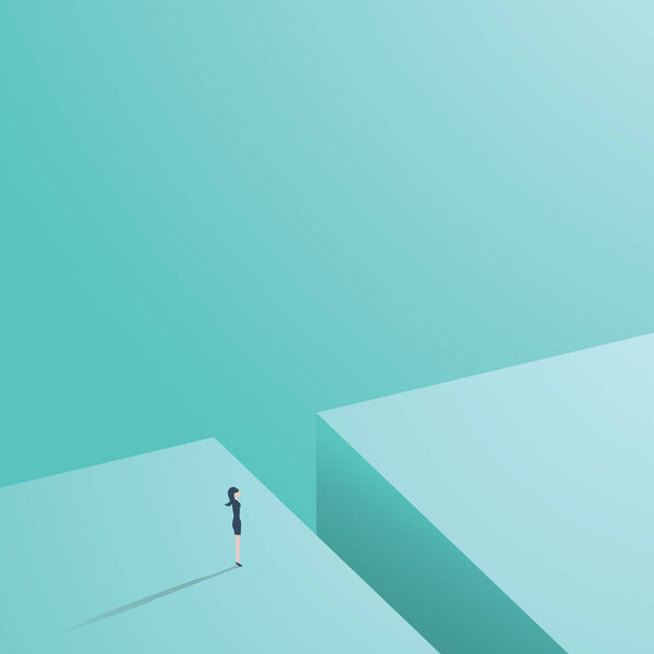 Business woman standing in front of gap as a symbol of challenge for businesswoman in career in business.