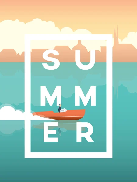 Sommerurlaub Plakatvorlage mit Speedboot und Altstadt im Hintergrund. Reisen und Luxus, stilvolle, elegante Urlaubswerbung. — Stockvektor