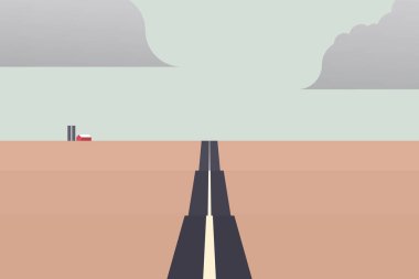 Horizon Merkezi peyzaj vektör çiftlik bina ile giden uzun yol. Düz renkler ile minimalist malzeme tasarım vektör konsepti.