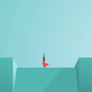 İş liderlik, kariyer başarı, ambition ve başarı bir sembolü olarak merdiven üstünde işadamı süper kahraman ayakta.