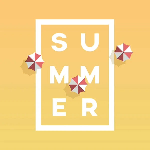 Poster musim panas atau templat vektor banner dengan tipografi kreatif dalam bingkai dan payung pantai di sekitar. Liburan musim panas, promosi liburan . - Stok Vektor
