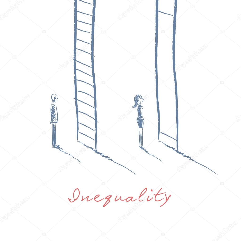 Gender issues in business concept with businessman and businesswoman standing in front of career corporate ladder. Inequality concept in hand drawn vector sketch design.