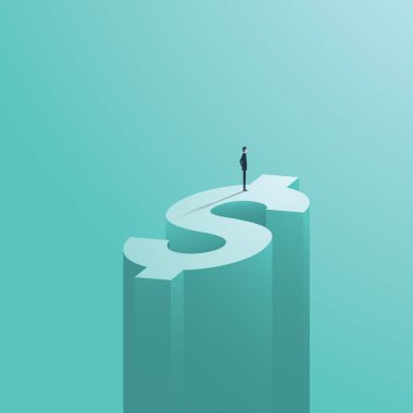 İş yatırım ya da risk bir sembolü olarak uzun boylu dolar para işareti üzerinde duran bir iş adamı. Bankacılık, finans, ticaret sembolü.