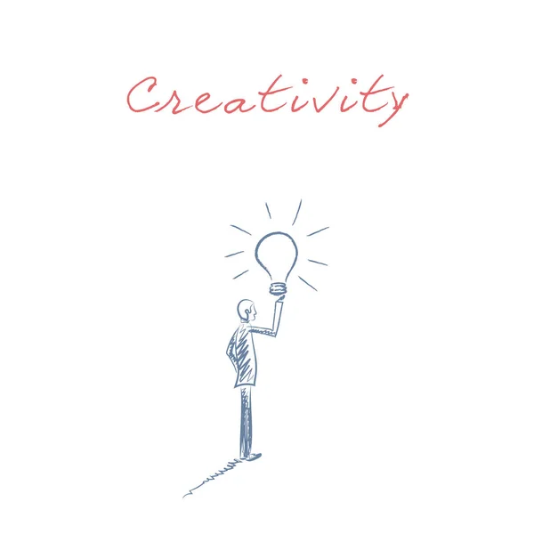 Biznesowe kreatywność ręcznie rysowane szkic wektor z biznesmenem gospodarstwa żarówka jako symbol świeże, nowe, jasne pomysły na innvoation lub wynalazku. — Wektor stockowy