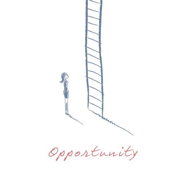 Mujer de negocios escalando escalera corporativa en carrera dibujado a mano ilustración vector boceto. Símbolo de promoción de empleo o trabajo para mujeres . — Archivo Imágenes Vectoriales