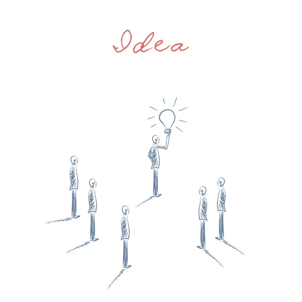Vetor de conceito de criatividade de negócios com empresário segurando lâmpada e equipe. Desenho desenhado à mão . — Vetor de Stock