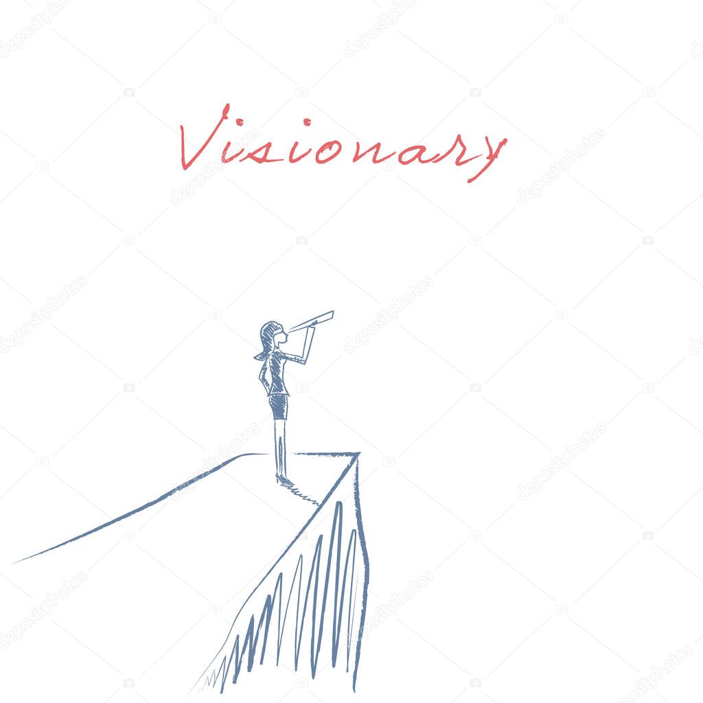 Visionary leadership concept vector illustration with business woman looking through telescope from a cliff. Hand drawn sketch design.