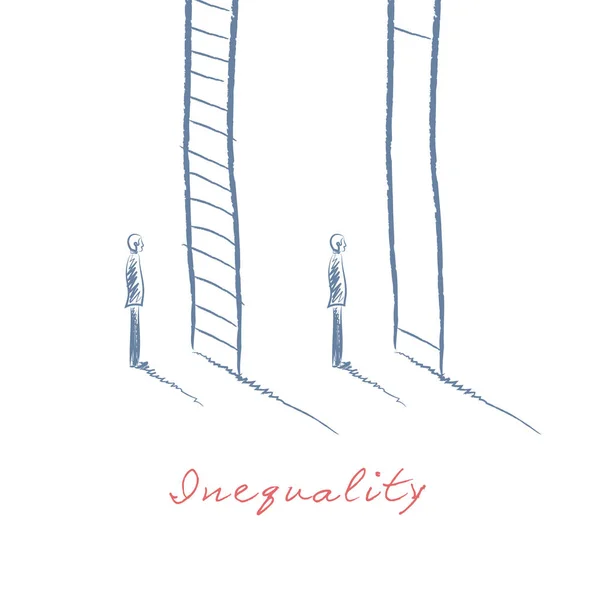 Vetor de conceito de desigualdade de negócios com dois empresários em pé na frente de diferentes símbolos de escada corporativa. Desenho desenhado à mão . — Vetor de Stock