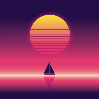 Yaz plaj parti vektör banner veya el ilanı şablonu. 80s retro neon glow stil. Ufukta yelken yat.