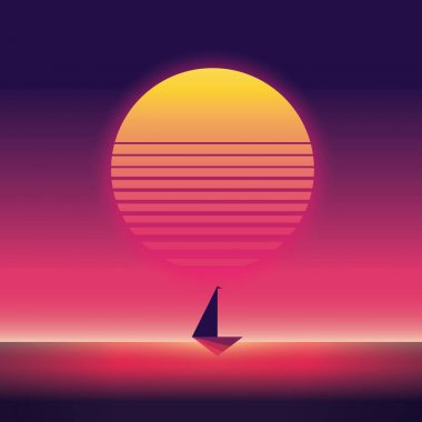 Yaz seyahat ve tatil poster'nde Günbatımı yelken yat ile vektör. 80s neon retro vintage tarzı.