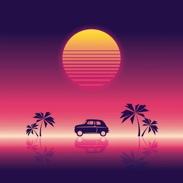 Festa de praia poster modelo de ilustração vetorial com pôr do sol e palmeiras e carro pequeno. Estilo retro vintage neon dos anos 80 . —  Vetores de Stock