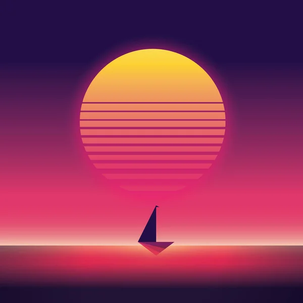 Voyage d'été et affiche vectorielle de vacances avec voile yacht au coucher du soleil. Style vintage rétro néon des années 80 . — Image vectorielle