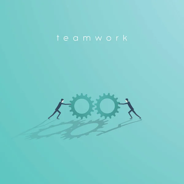 Konsep vektor kerja tim bisnis dengan dua pengusaha mendorong roda kog satu sama lain. Simbol bisnis kerjasama, kerja sama, solusi . - Stok Vektor