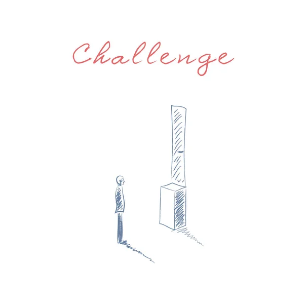 Business challenge vector concept with man standing in front of door too high. Symbol of obstacles, overcoming and problem solution. — Stock Vector