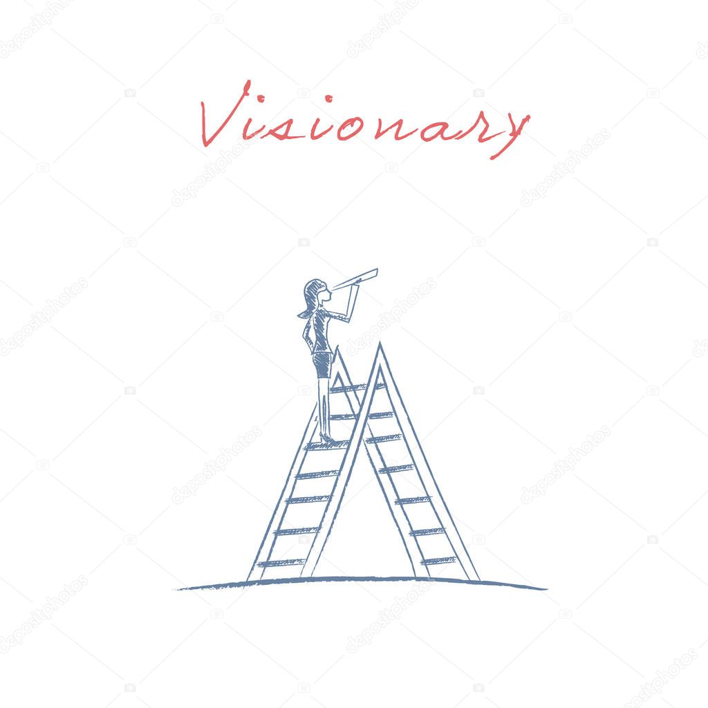Businesswoman standing on top of corporate ladder vector illustration as a symbol of business career, visionary, ambitions. Hand drawn sketch design.