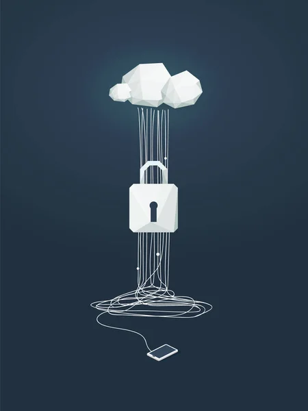 Konsep perlindungan data dan keamanan cyber. Simbol dari teknologi komputasi kunci dan awan sebagai perlindungan dari hacking . - Stok Vektor