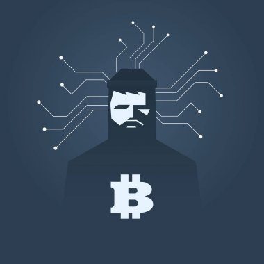 Bilgisayar korsanı ve fidye vektörü konsepti. Suçlu hackleme, veri hırsızlığı ve şantaj sembolü. Bitcoin dijital para birimi işareti.