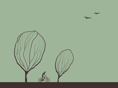 Autumn landscape hand drawn vector illustration with cyclist on bike trail between trees.