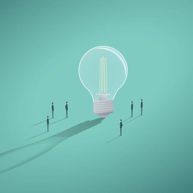 Vektör yaratıcı ekibi bir beyin fırtınası ya da çözüm, fikir çalışma kavramı. Orada durmak küçük iş adamı ile dev ampul.