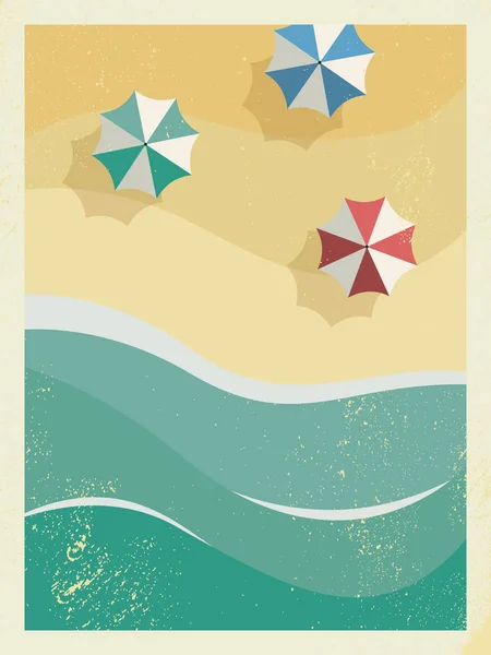 Vintage retro grunge randen zomer vakantie of partij poster of briefkaart sjabloon met zonnige zandstrand, zee met golven en paraplu 's. — Stockvector