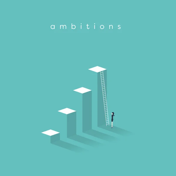 Ambição empresarial, sucesso e conceito de vetor de escada corporativa. Empresária de pé na frente da escada tentando obter promoção ou para novas oportunidades . — Vetor de Stock