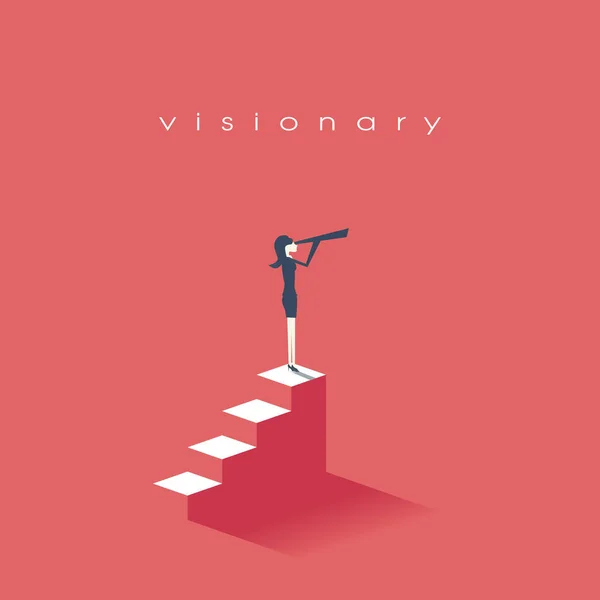 Vision koncept i branschen med vektor ikon av teleskop, lupp och affärskvinna. Symbolen ledarskap, strategi, mission, mål. — Stock vektor