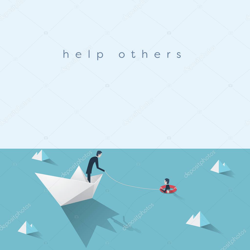 Business help vector concept. Bankruptcy, government bailout symbol with businessman on paper boat and drowning man in life preserver.