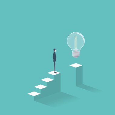 Bazı yeni fikirler, yenilikler, buluşlar almaya çalışırken merdivenlerinde ayakta işadamı kavramı vektör, iş yaratıcılık ve çözüm bulma.