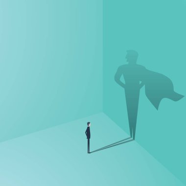 Süper kahraman gölge vektör konsepti ile iş adamı. Hırs, başarı, motivasyon, liderlik, cesaret ve meydan okuma iş sembolü.