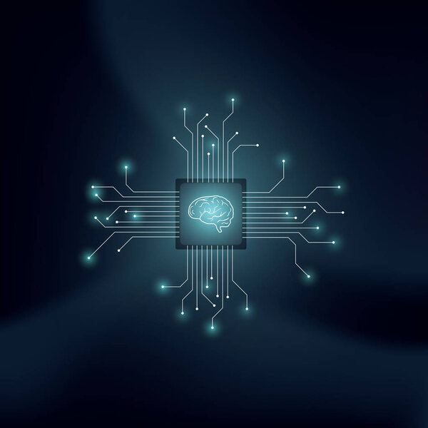 Artificial intelligence or AI vector concept with human brain on technological background. Symbol of machine learning, neural networks, programming, futuristic technology concept.