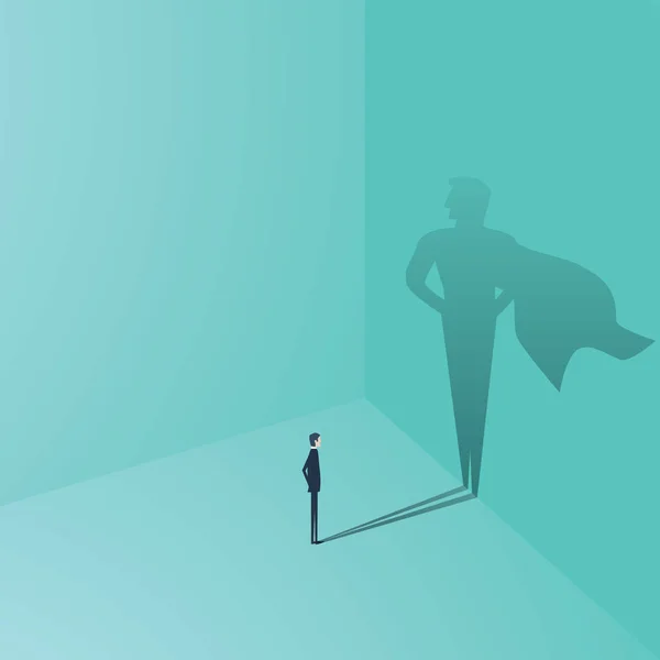 Uomo d'affari con concetto di vettore ombra supereroe. Business symbol di ambizione, successo, motivazione, leadership, coraggio e sfida . — Vettoriale Stock