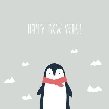 Mutlu yeni yıl kartı vektör şablonu ile komik bir mesaj ve şirin, sevimli, elle çizilmiş penguen ve buzdağları arka planda.