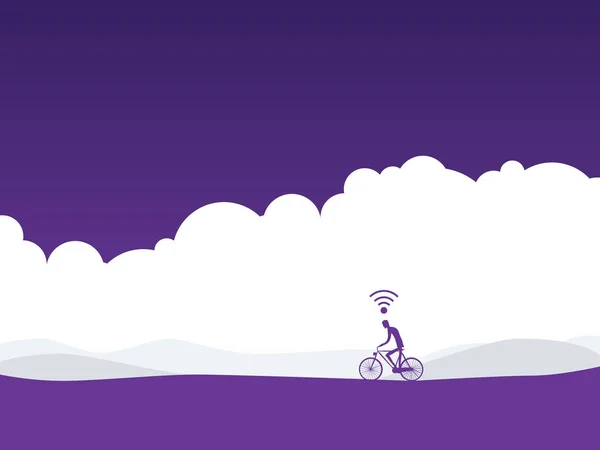 Hälsosam aktiv livsstil vektor koncept med cyklist på en cykel i landskap med wifi symbol över hans huvud. Fitness tracker, sport monitor koncept. — Stock vektor