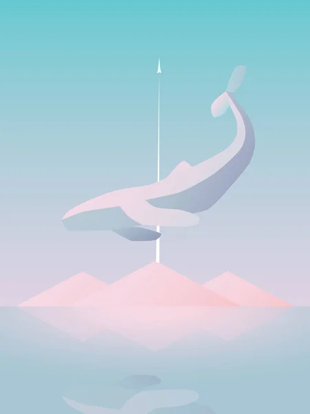 Fantasy sci-fi Abstrakcja vector tła z wieloryba leci ponad góry i rakiety pływające do miejsca. — Wektor stockowy