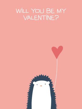 Şirin, sevimli kirpi kalp tutan Sevgililer kartı vektör şablonu. Romantik, keyifli çizgi film arka plan.