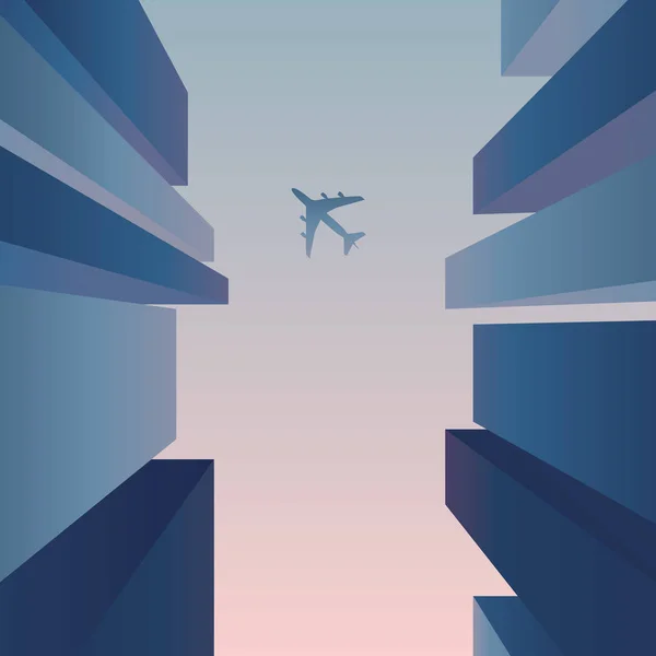 Rascacielos vista desde la calle con avión volando en el cielo. Antecedentes de vector abstracto empresarial para marketing corporativo, financiero . — Vector de stock