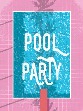 Havuz partisi daveti veya poster şablonu retro vintage Yüzme havuzlu yaz ve atlamak. Yaz tatili, tatil, dinlenme, eğlence kavramı.