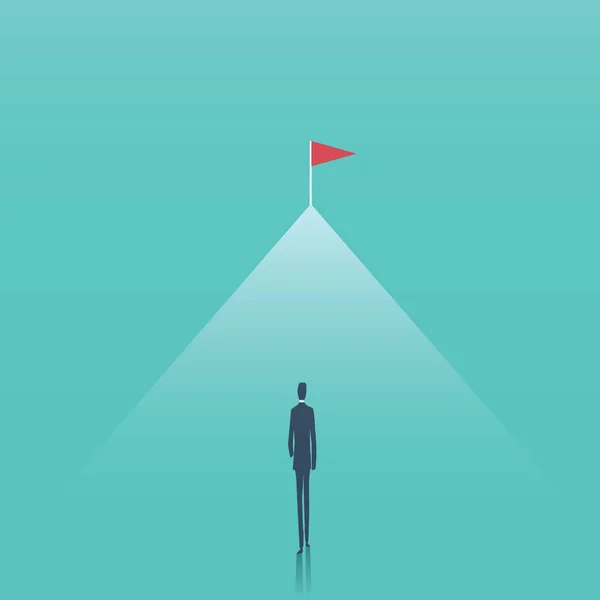 Objectif commercial et concept vectoriel de défi. Homme d'affaires marchant vers le sommet de la montagne. Symbole d'aspiration, d'avenir, de progrès, d'accomplissement, de motivation . — Image vectorielle